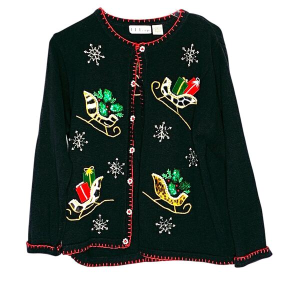 BP Design L Embellished Beaded Christmas Cardigan Sweater Sled Ugly Christmas - Picture 1 of 8